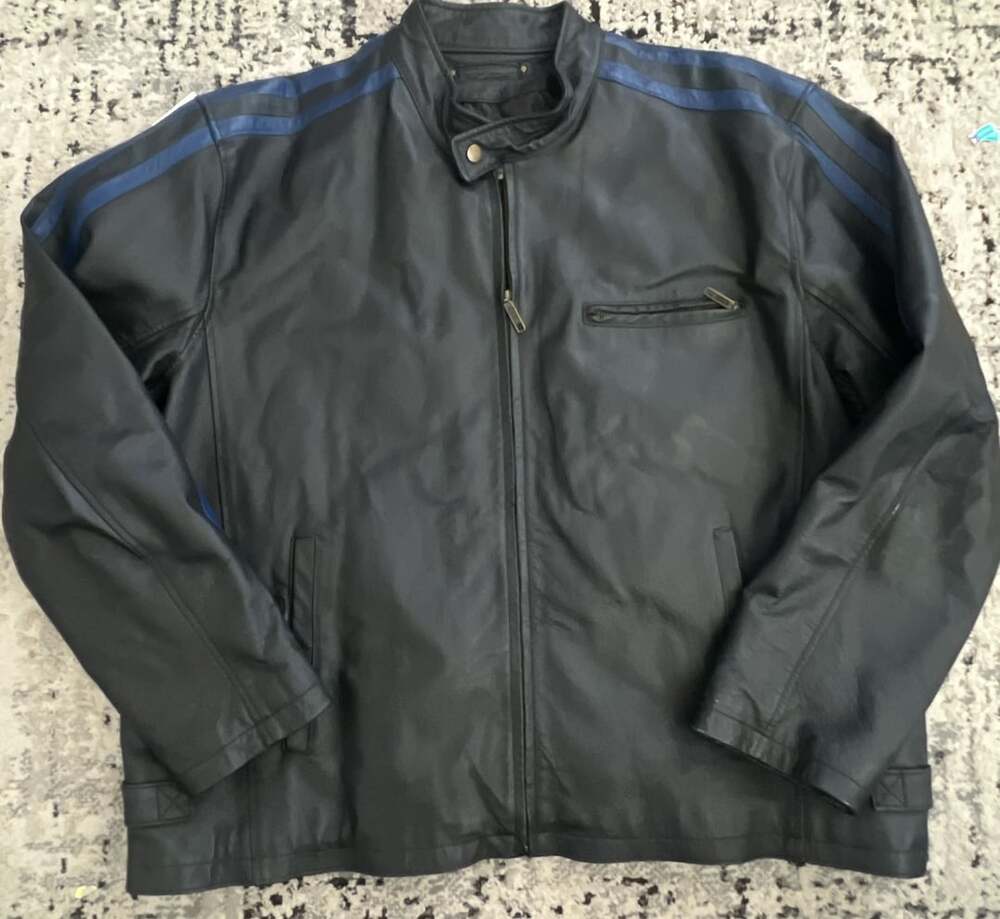 Max Rider Mens Black Leather Motorcycle Jacket with Blue Stripes Size 2XL
